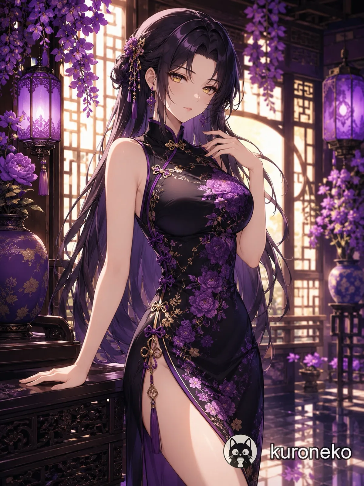 An anime girl in a black and purple qipao among flowers and lanterns