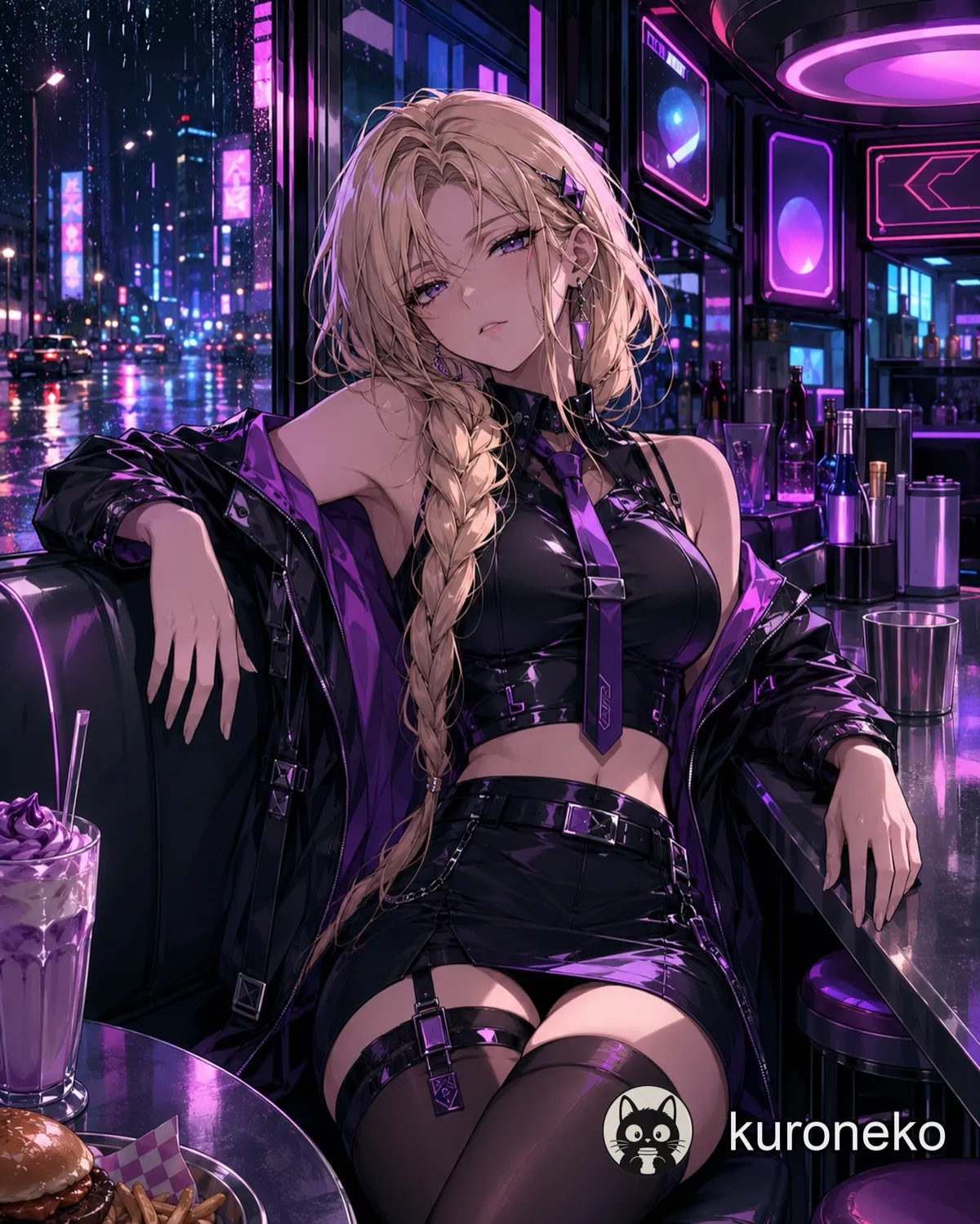 A blonde cyberpunk anime girl outside a neon diner on a rainy night