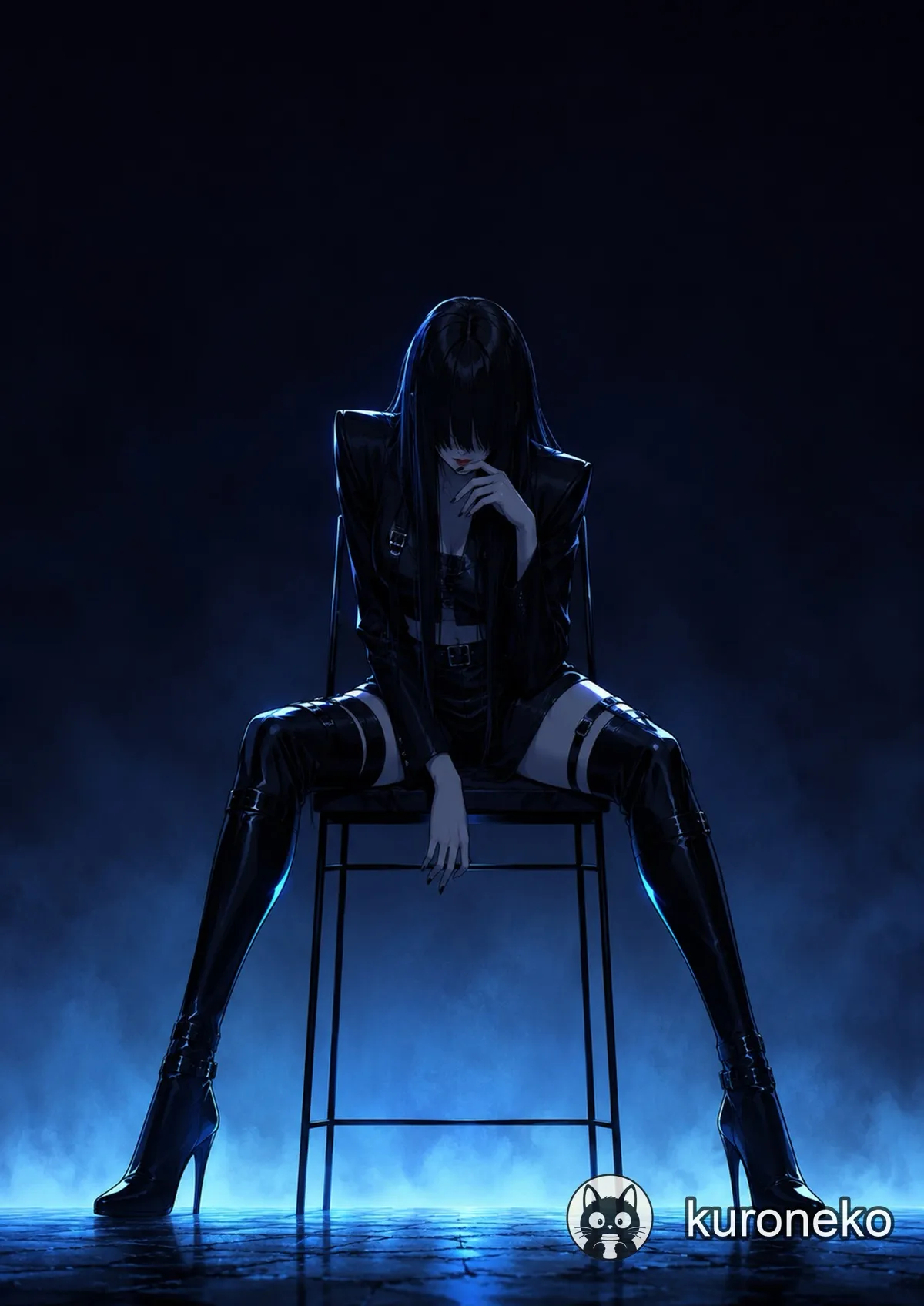 An anime girl in dark blue leather, moody atmosphere