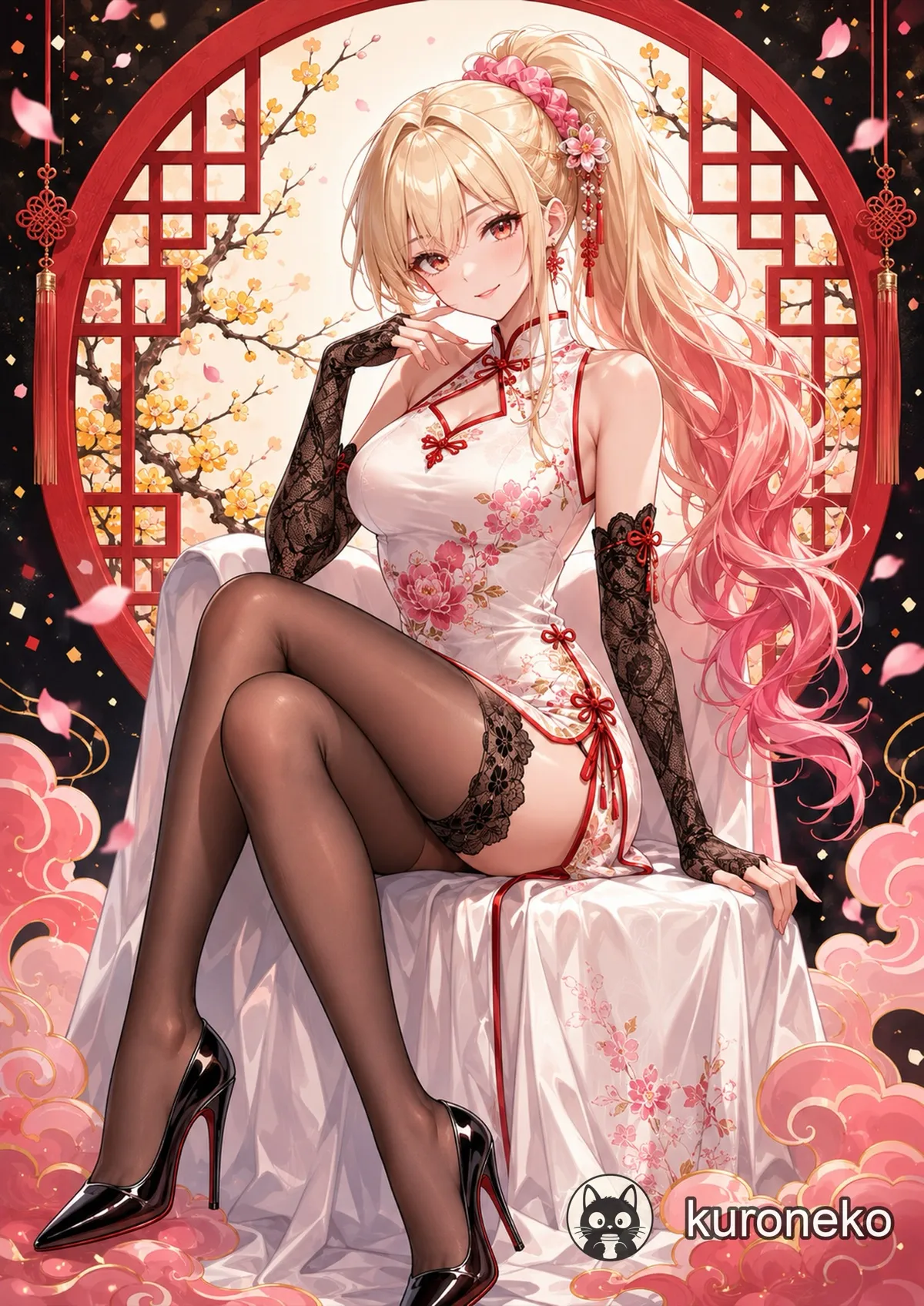 An anime girl in a floral qipao framed by a round Chinese window