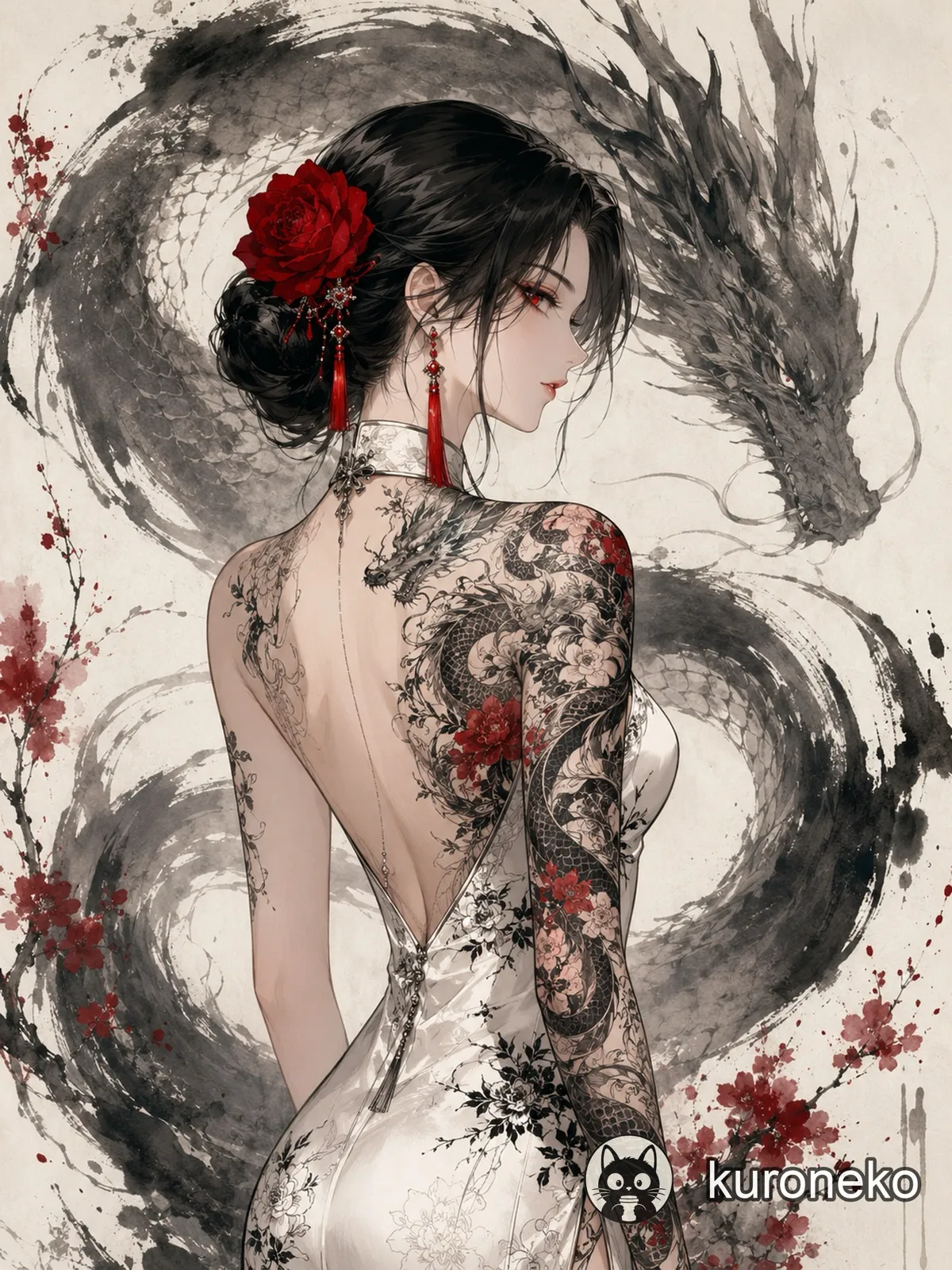 An anime girl in a qipao with an ink dragon tattoo, Chinese aesthetic