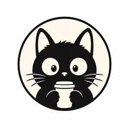 Kuroneko Art seal — a black cat holding a cup of coffee