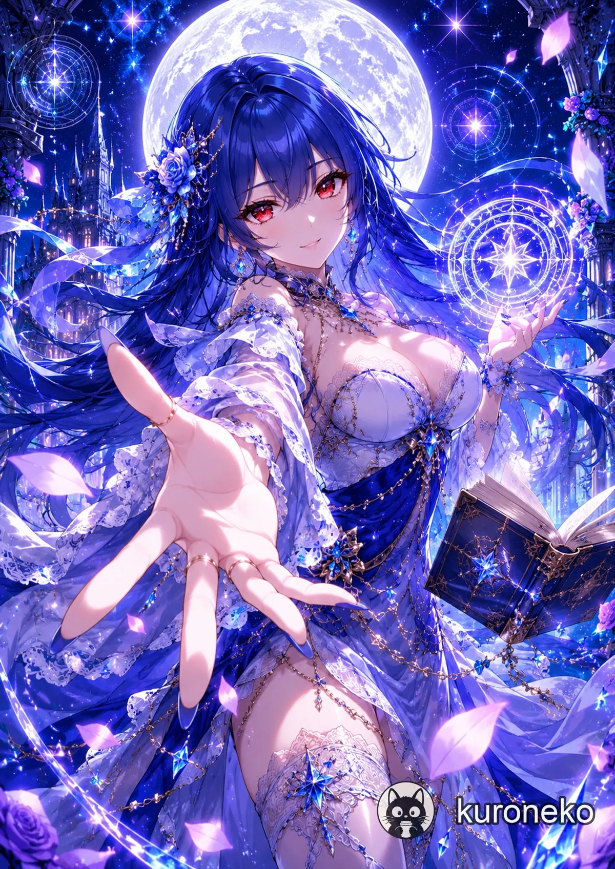 A magical girl under moonlight in a celestial fantasy scene