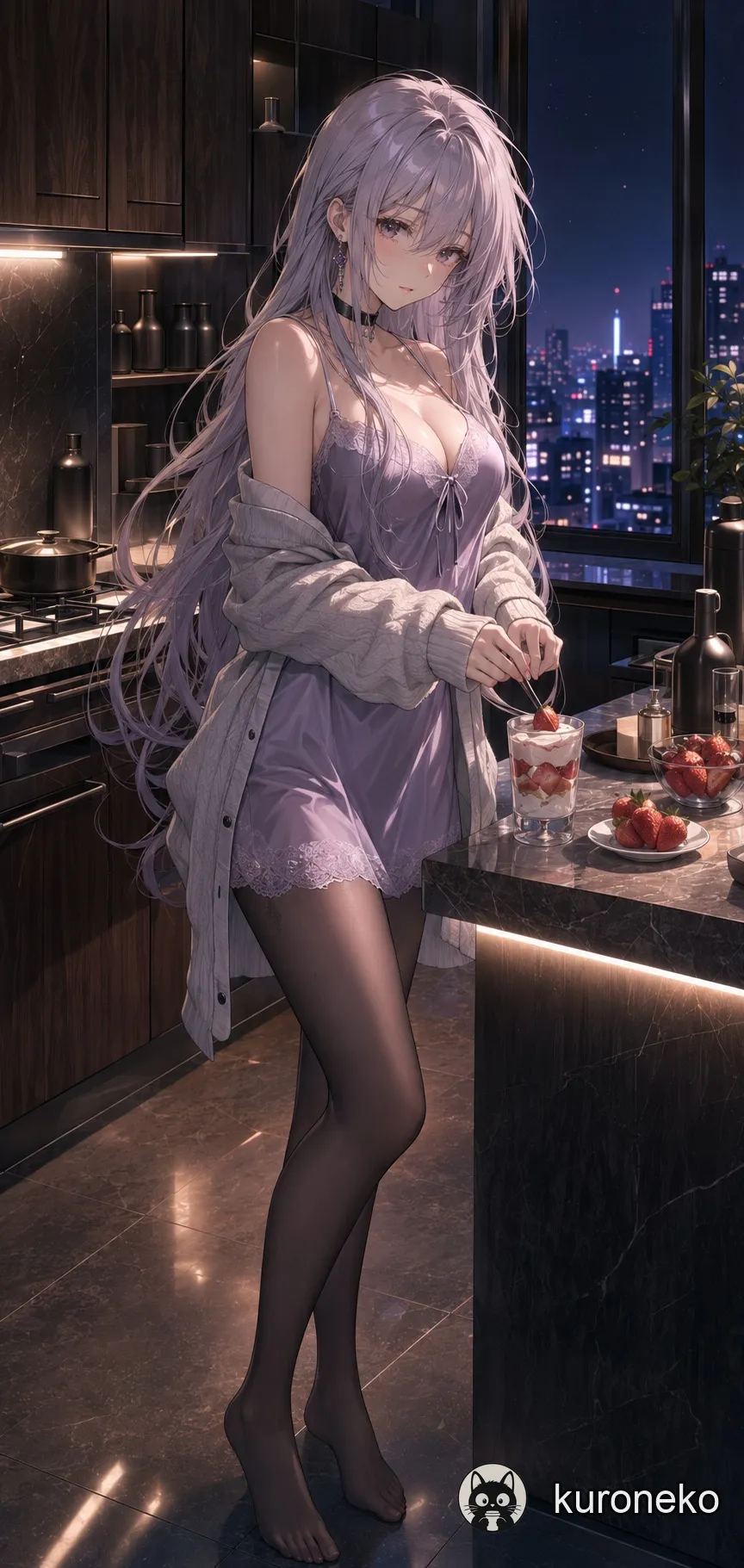 An anime girl in a midnight kitchen with strawberries and soft light