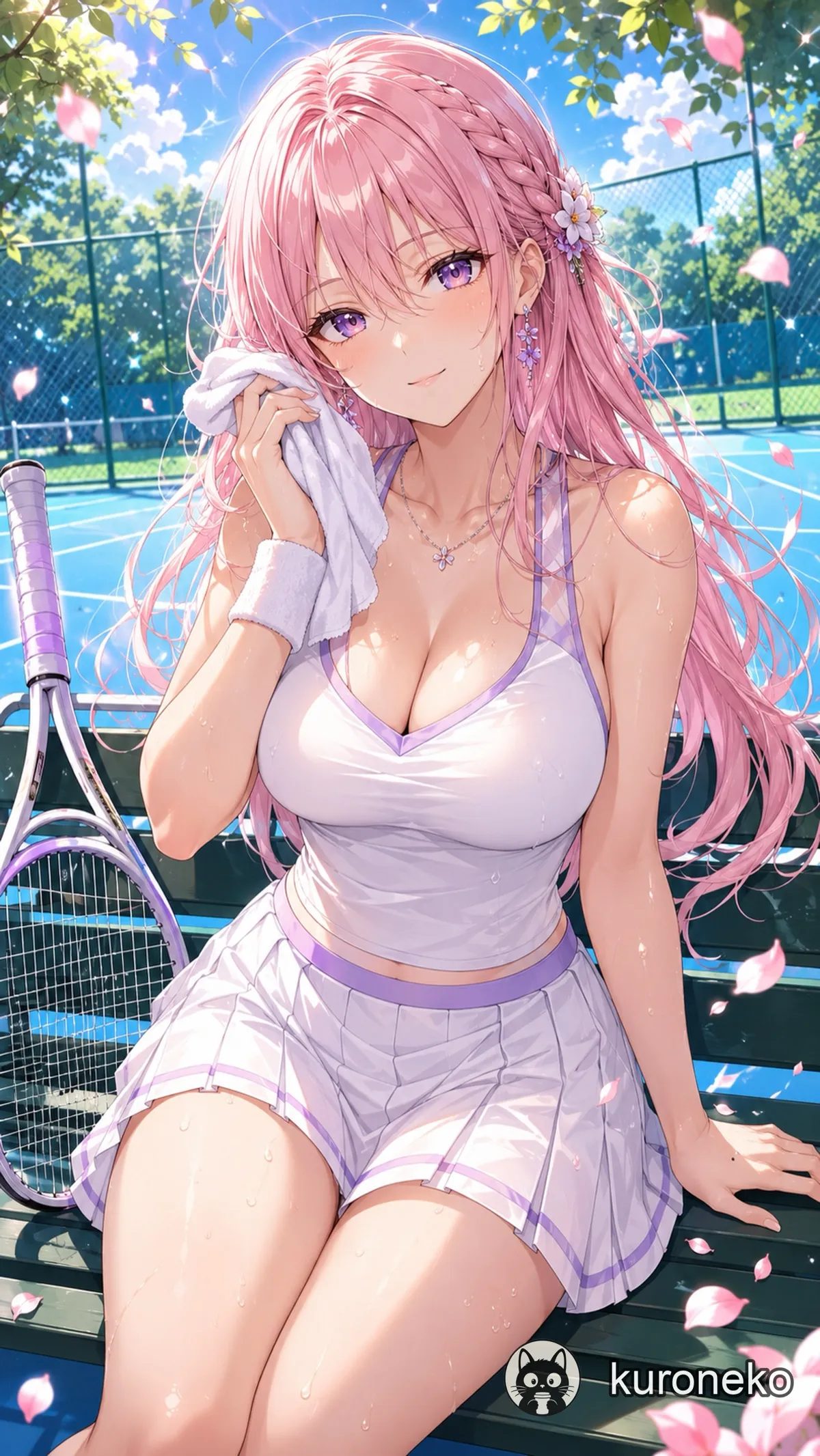 A pink-haired anime girl on a sunlit tennis court