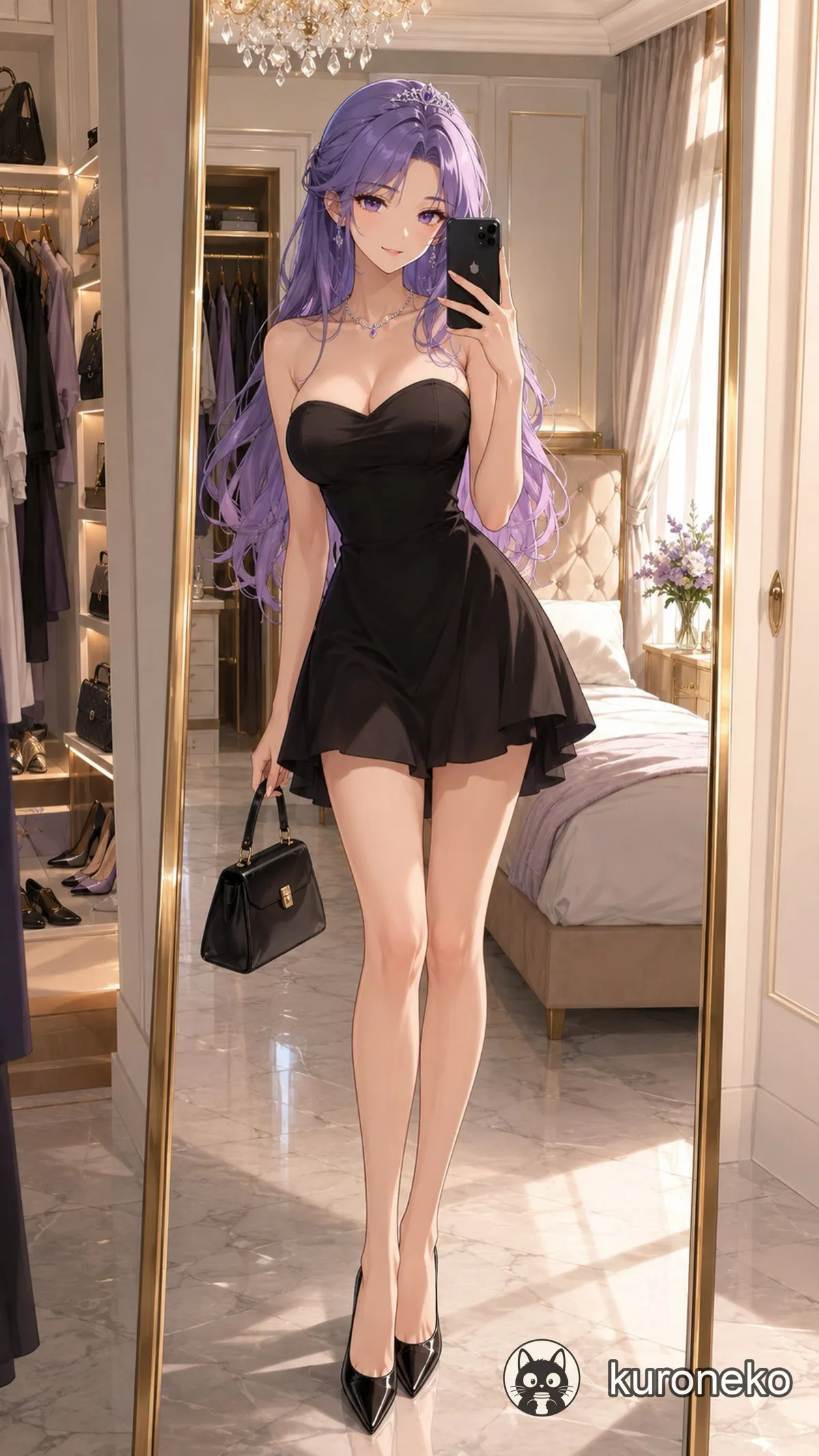A purple-haired anime girl taking a mirror selfie in a softly lit bedroom