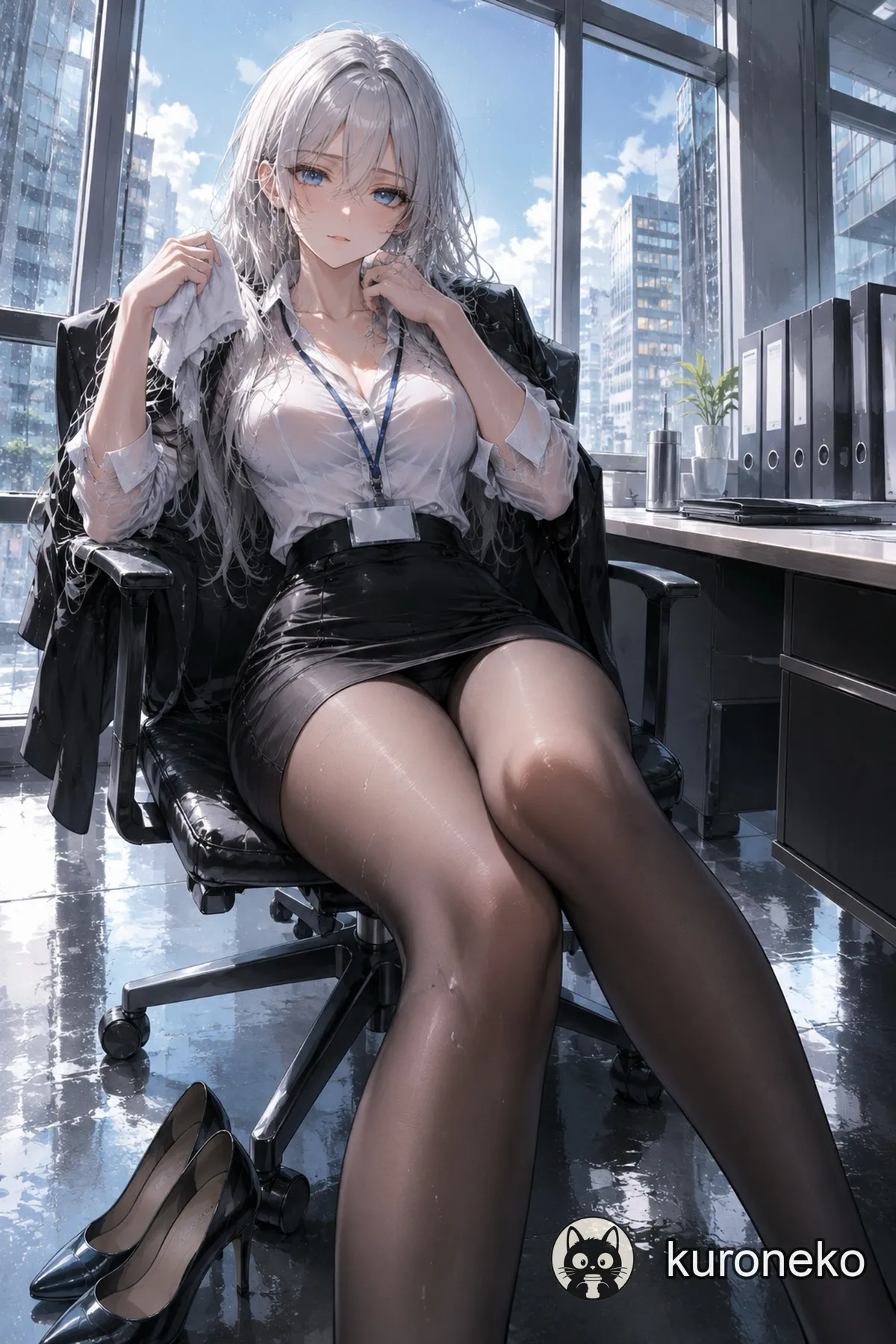 An anime office lady gazing through a rain-streaked window over the city
