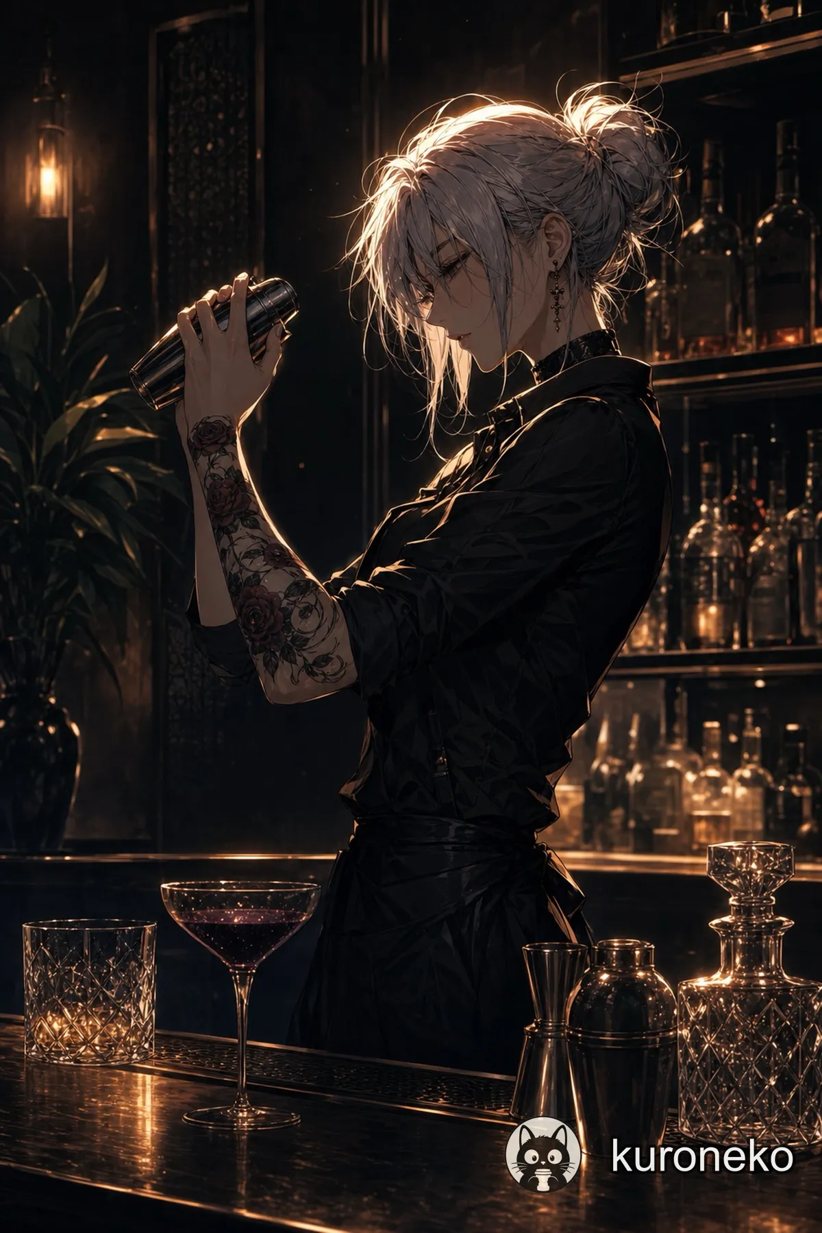 A rose-tattooed anime bartender in a dark moody bar