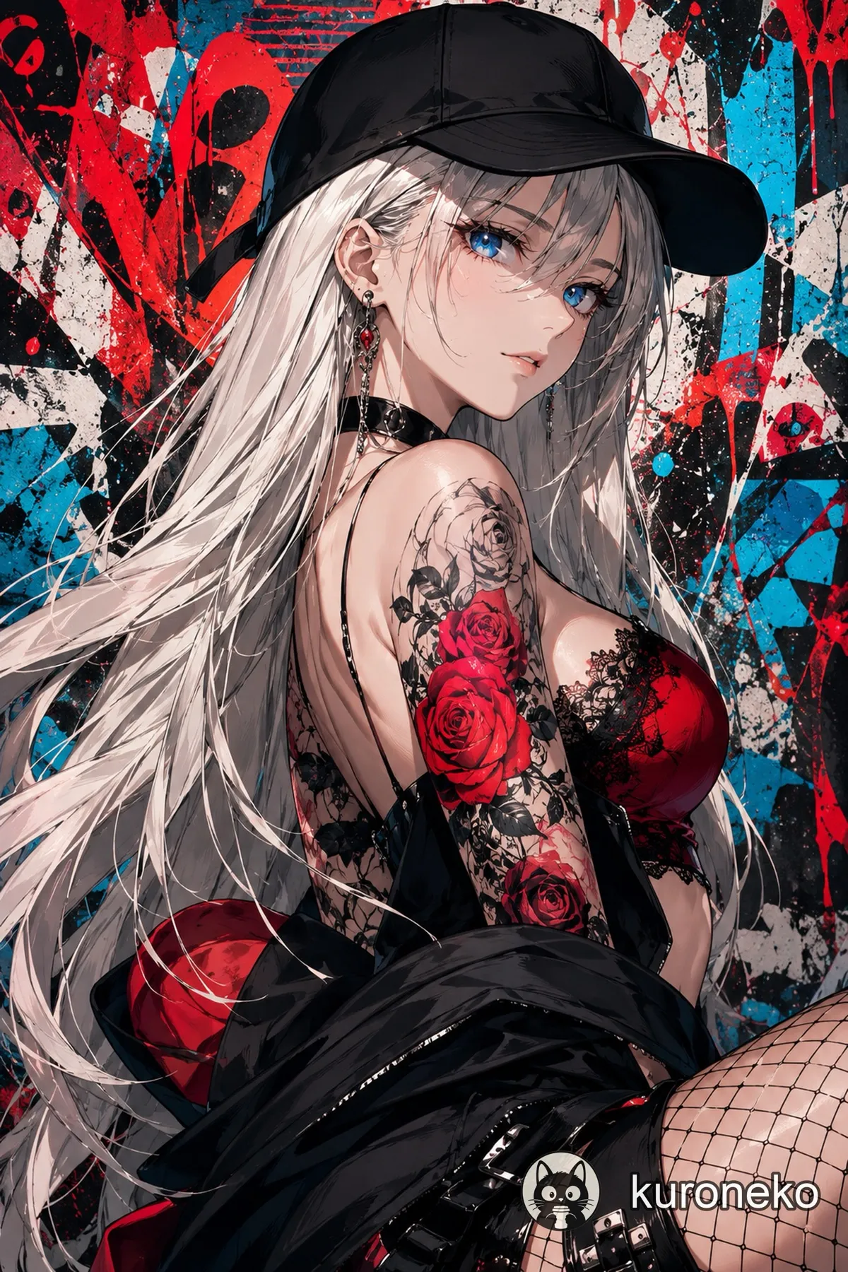 A rose-tattooed anime girl against graffiti street art