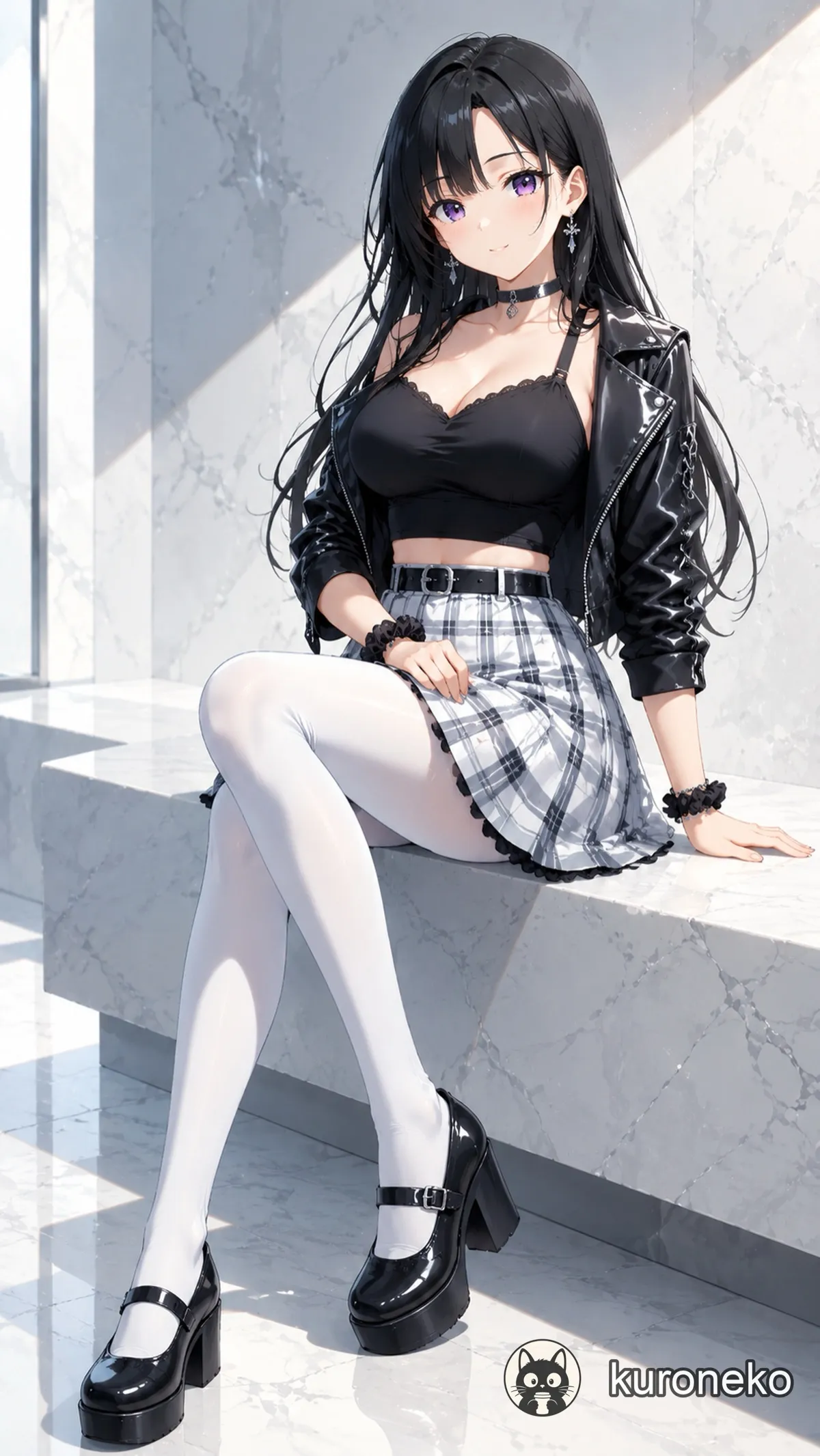 A black-and-white dressed anime girl in a sunlit bathroom scene