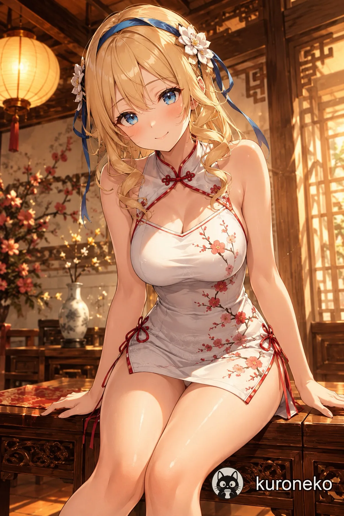 An anime girl in a qipao by a warm Chinese-style window