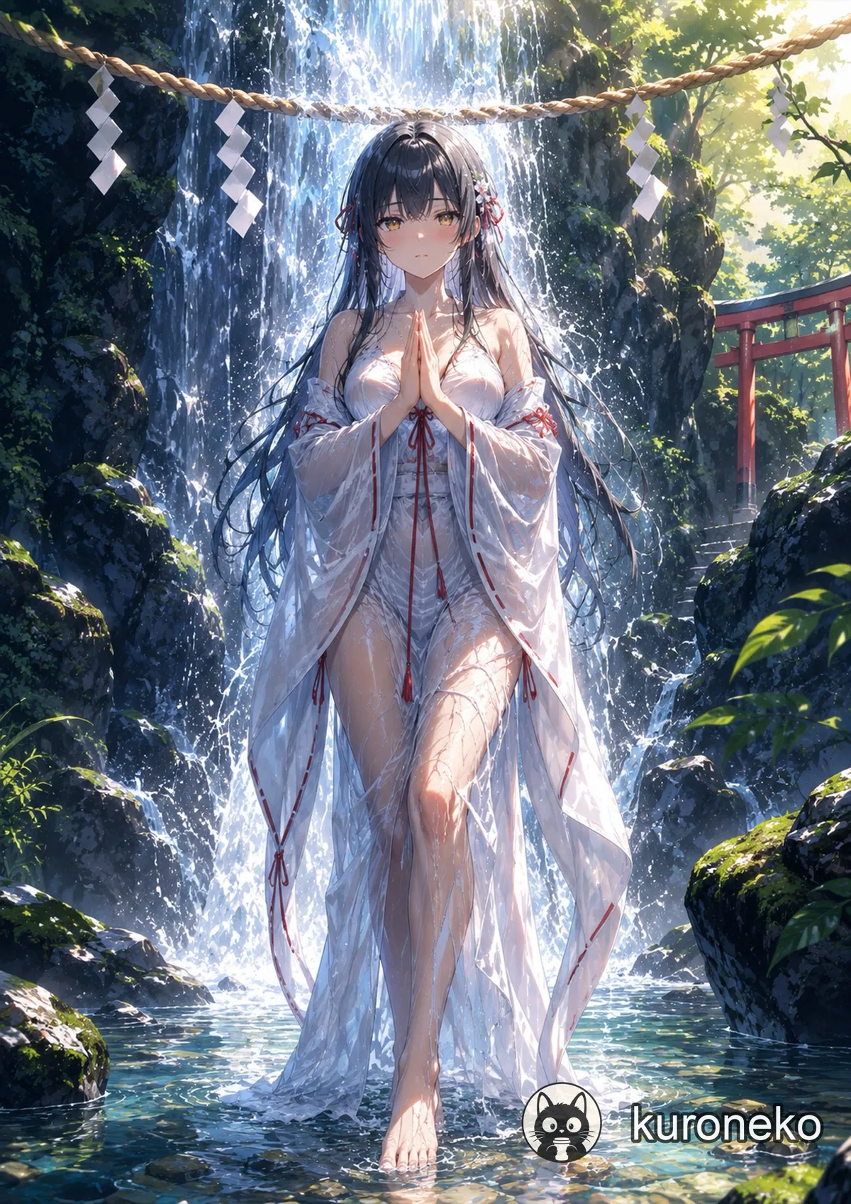 An anime girl before a waterfall shrine, Japanese aesthetic scenery