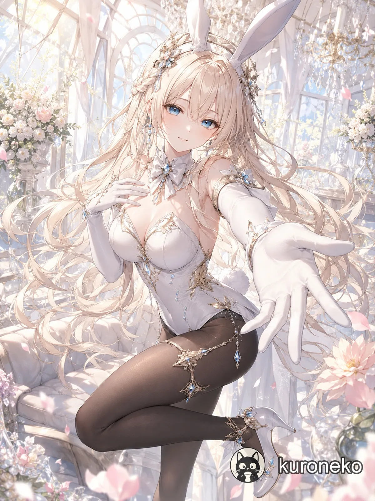 A white bunny-girl anime character in a room full of flowers